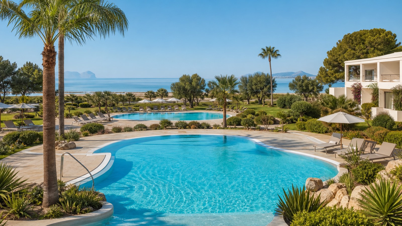 KI-Stimmungsbild für Grupotel Marítimo mit zwei Pools, mediterranem Garten und Blick zur Bucht von Alcúdia