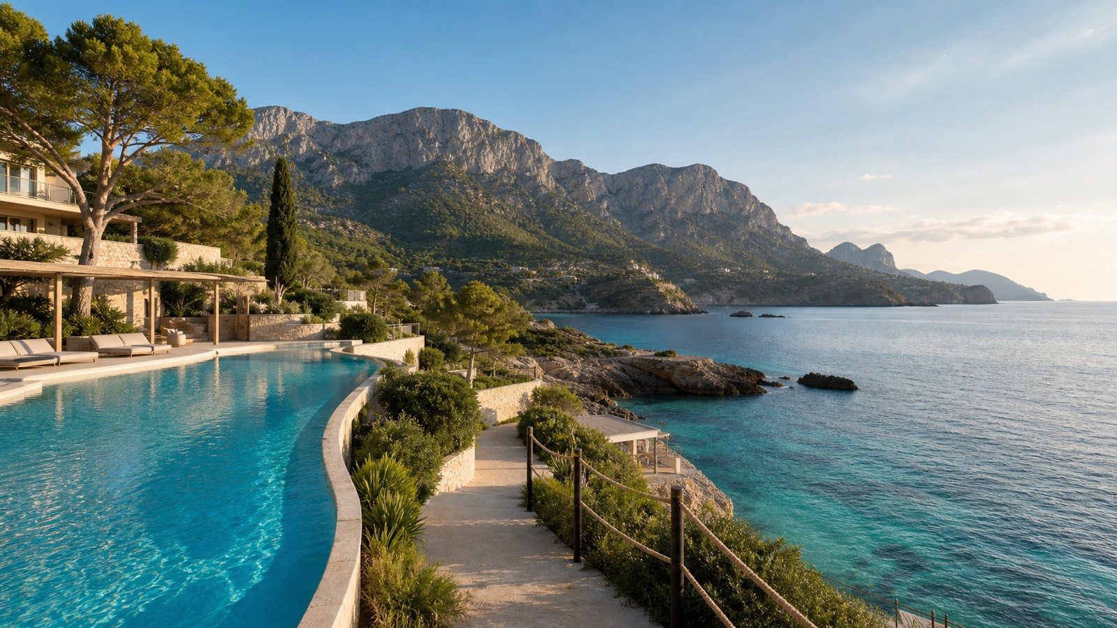 KI-generiertes Stimmungsbild mit Luxushotel-Pool, türkisfarbener Cala und Tramuntana-Bergen für das Grupotel Molins in Cala Sant Vicenç