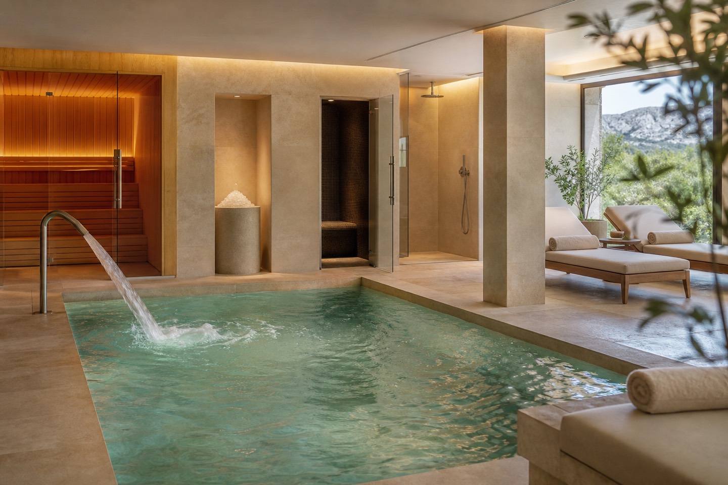 KI-generiertes Stimmungsbild eines Spa-Bereichs mit Innenpool, Wasserstrahl, Sauna, Dampfbad und Relaxliegen für das Grupotel Molins