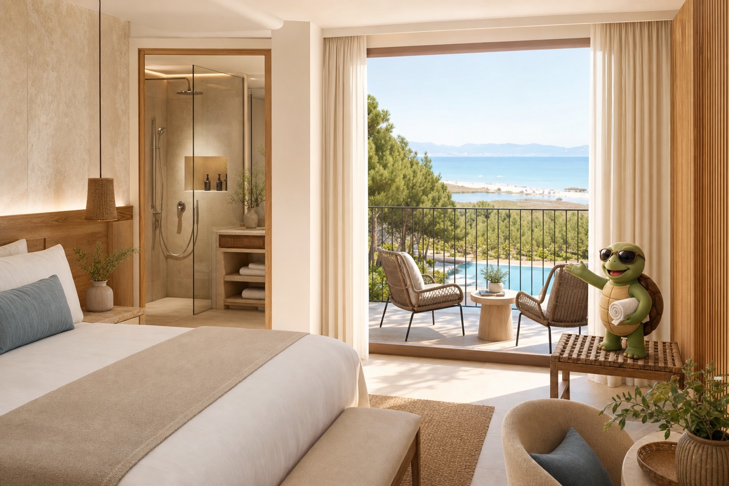 KI-Visualisierung für Grupotel Parc Natural & Spa mit Doppelzimmer, Balkon und Meerblick