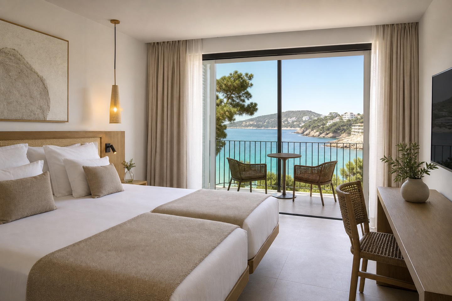KI-Stimmungsbild für Grupotel Playa Camp de Mar mit modernem Doppelzimmer, Balkon und Meerblick