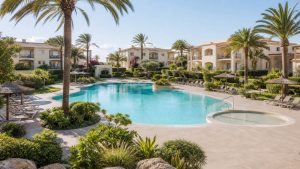 KI-Stimmungsbild für Grupotel Port d’Alcúdia mit großem Pool, Kinderbereich und mediterranem Apartmentgarten