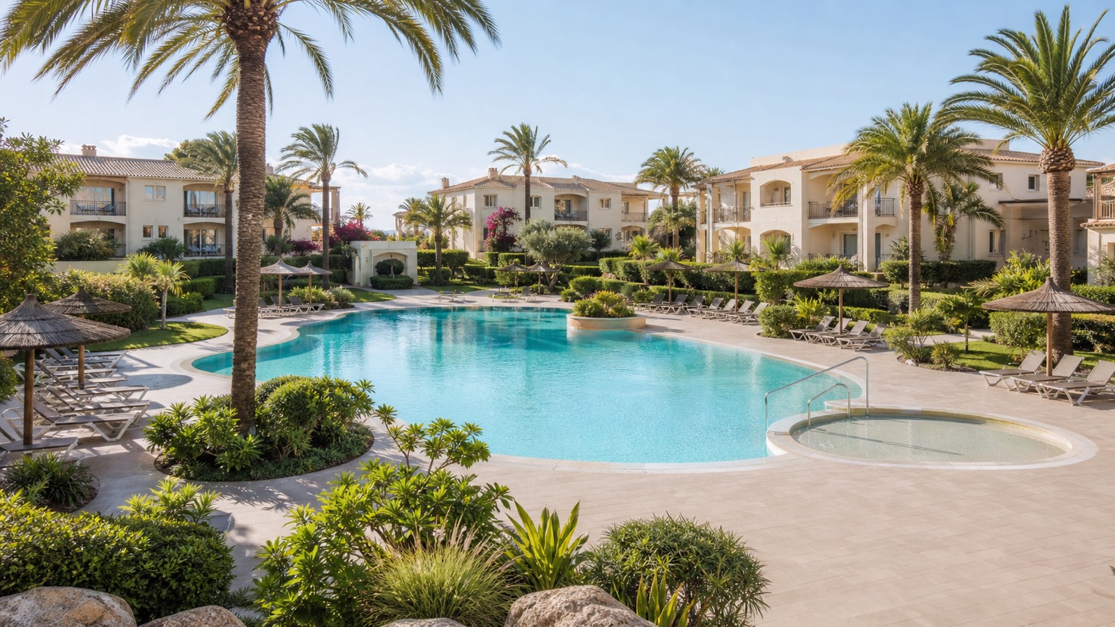 KI-Stimmungsbild für Grupotel Port d’Alcúdia mit großem Pool, Kinderbereich und mediterranem Apartmentgarten