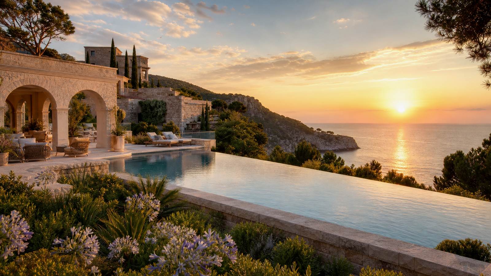 KI-generiertes Mallorca-Stimmungsbild eines mediterranen Hotel-Außenbereichs für den Hotelcheck des Hilton Mallorca Galatzó in Peguera