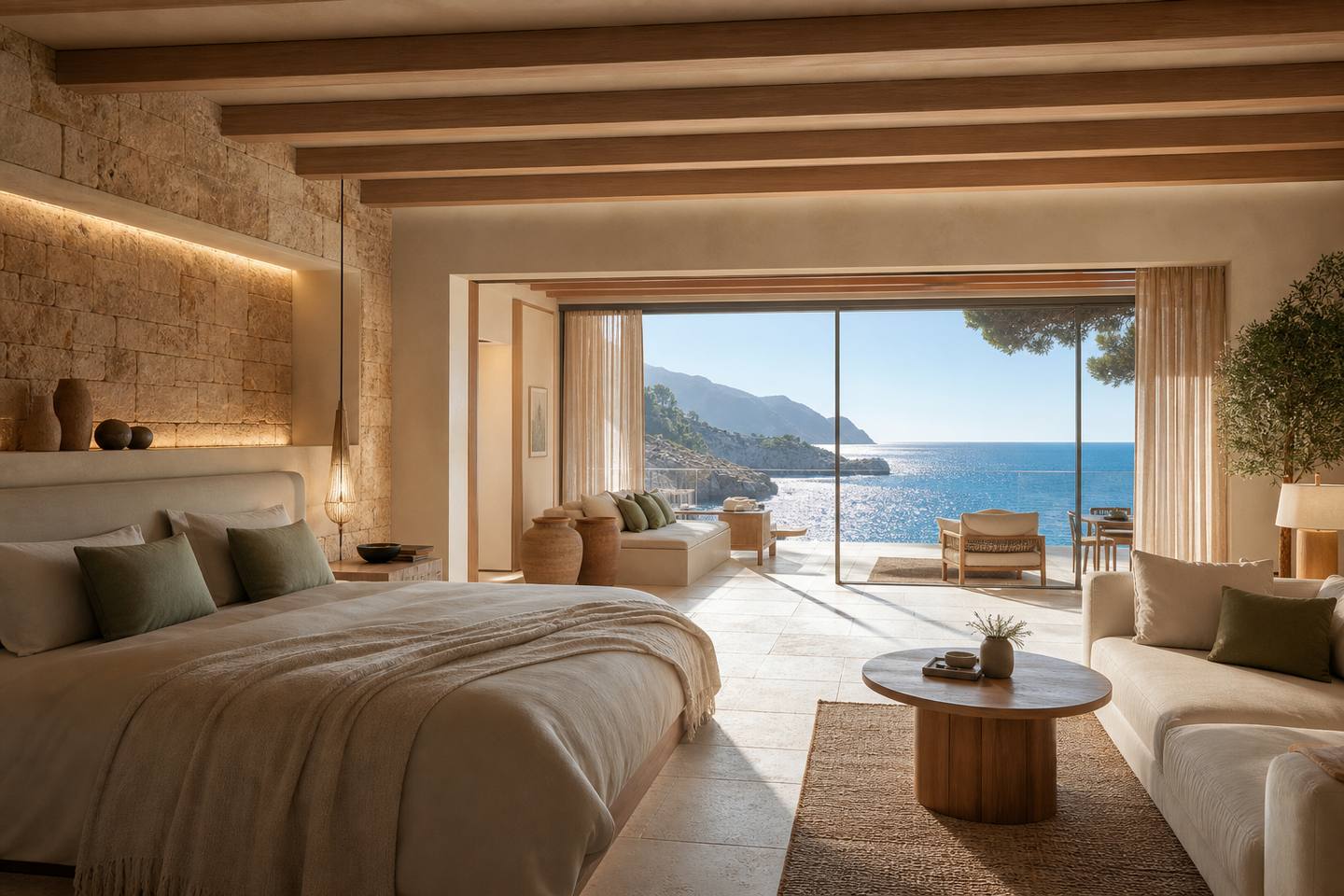 KI-generiertes redaktionelles Stimmungsbild eines mediterranen Hotelzimmers für den Hotelcheck des Hilton Mallorca Galatzó in Peguera