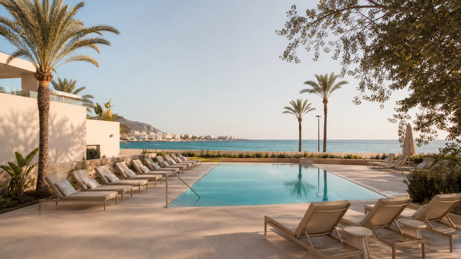 KI-Stimmungsbild für das Hipotels Bahía Cala Millor mit ruhigem Außenpool, Palmen und Blick auf die Bucht