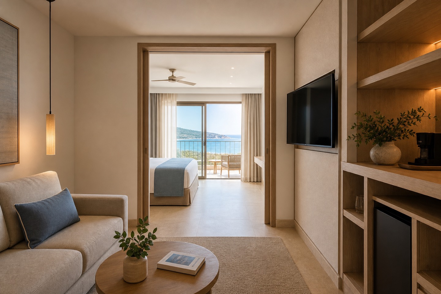 KI-Stimmungsbild für das Hipotels Bahía Cala Millor mit separatem Wohn- und Schlafbereich sowie Balkon mit Meerblick