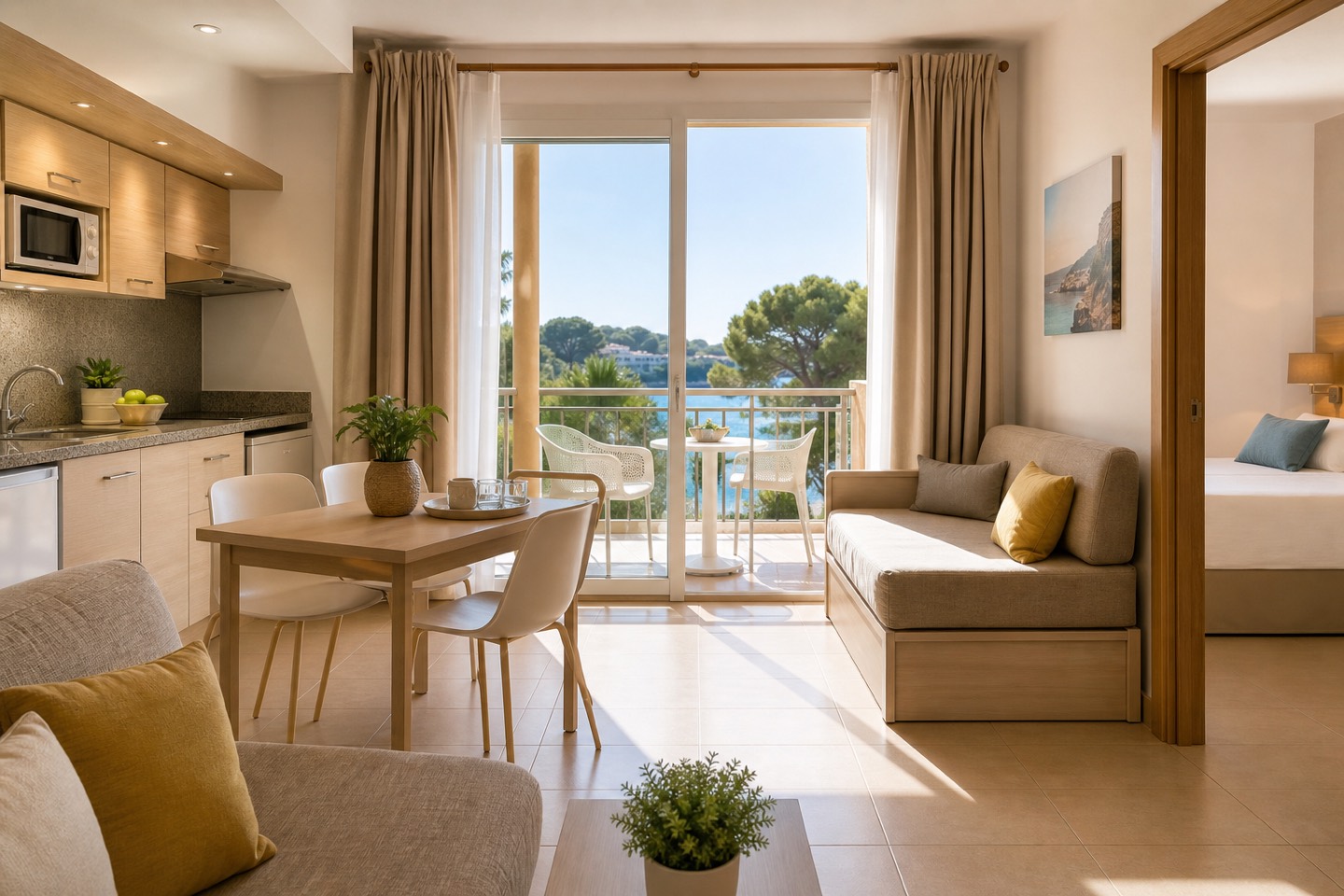 KI-generiertes Stimmungsbild für Hipotels Bahía Grande mit hellem Apartment, Küche, Wohnbereich und Balkon
