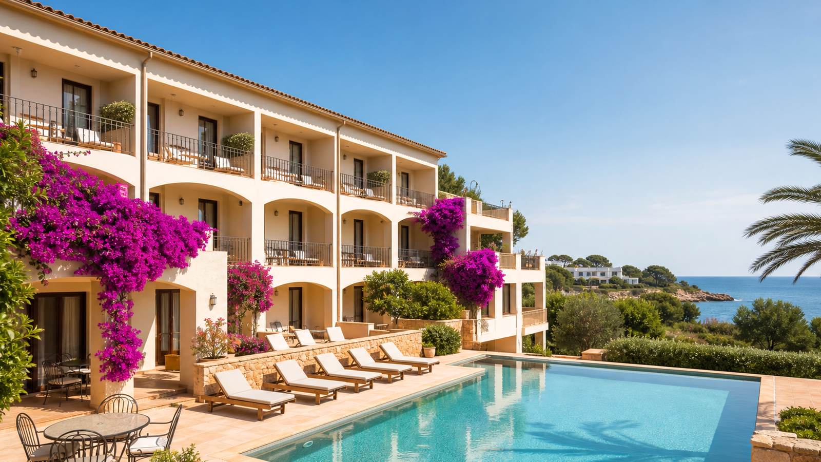 KI-generiertes Mallorca-Stimmungsbild eines mediterranen Hotel-Außenbereichs für den Hotelcheck des HIPOTELS CALA BONA CLUB in Cala Bona