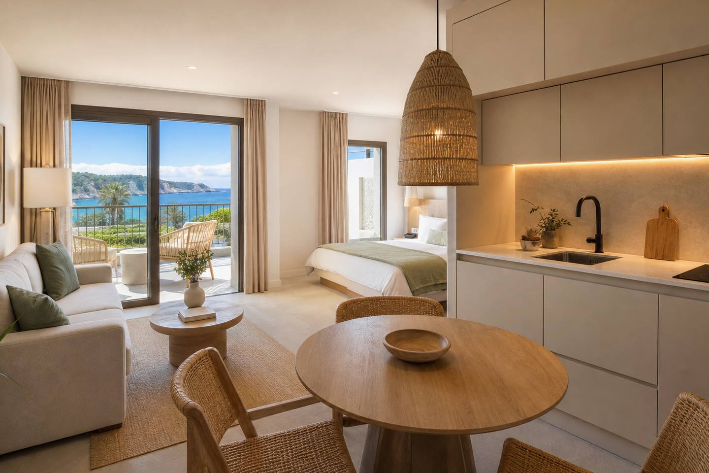 KI-generiertes redaktionelles Stimmungsbild eines mediterranen Hotelzimmers für den Hotelcheck des HIPOTELS CALA BONA CLUB in Cala Bona