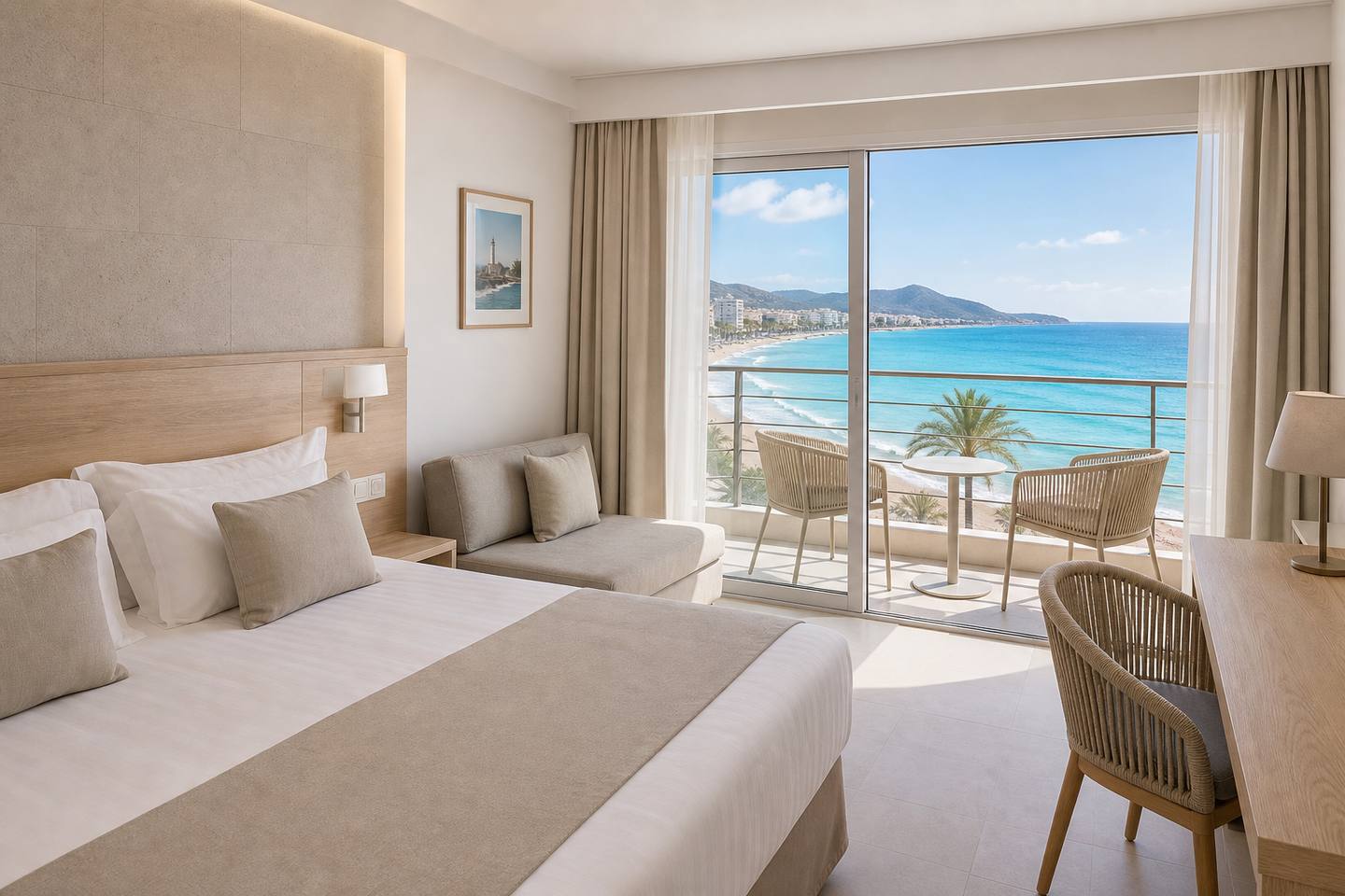 KI-Stimmungsbild für Hipotels Don Juan mit hellem Doppelzimmer, möbliertem Balkon und Meerblick in Cala Millor