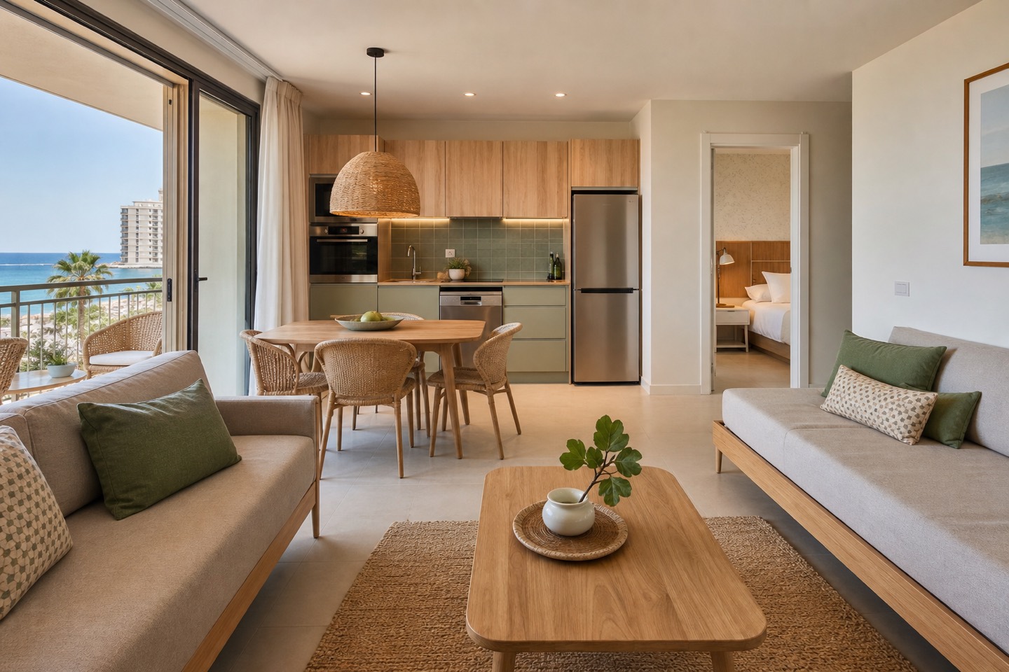 KI-Stimmungsbild für das Hipotels Dunas Cala Millor mit Apartment, renovierter Küche, zwei Schlafsofas, separatem Schlafzimmer und Meerblickbalkon