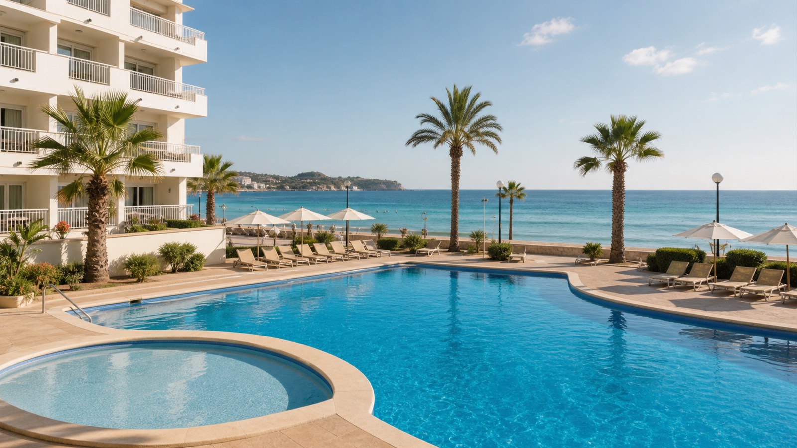 KI-Stimmungsbild für das Hipotels Dunas Cala Millor mit Außenpool, Kinderbecken, Sonnenterrasse und direkter Meereslage