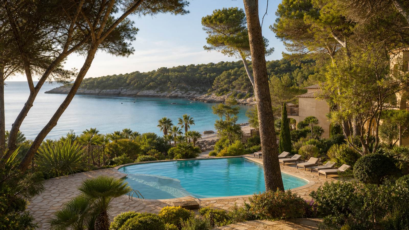 KI-Stimmungsbild für Hipotels Eurotel Punta Rotja mit Gartenpool, Pinien und ruhiger Bucht an der Costa dels Pins