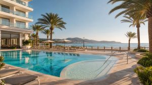 KI-Stimmungsbild für das Hipotels Flamenco mit renovierter Hotelarchitektur, Außenpool, Kinderbereich und direkter Strandlage