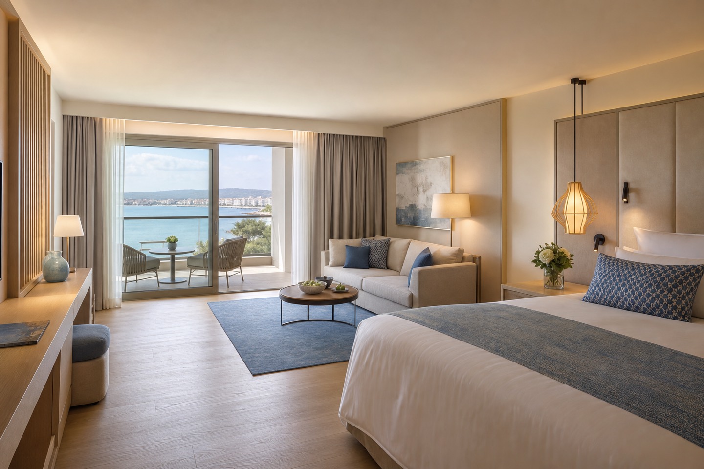 KI-Visualisierung für Hipotels Gran Playa de Palma mit geräumiger Junior Suite, Sitzecke und Balkon