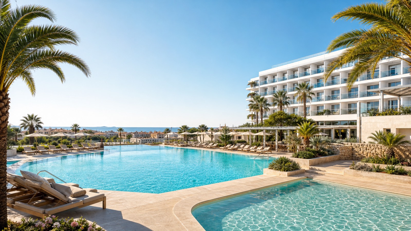 KI-Visualisierung für Hipotels Gran Playa de Palma mit großer Poollandschaft, Kinderpool und mediterraner Hotelarchitektur