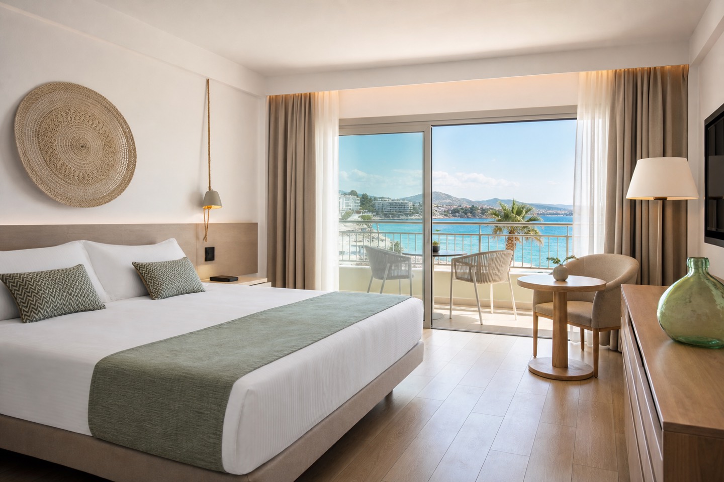 KI-Stimmungsbild für Hipotels Hipocampo Playa mit hellem Doppelzimmer, Balkon und seitlichem Meerblick