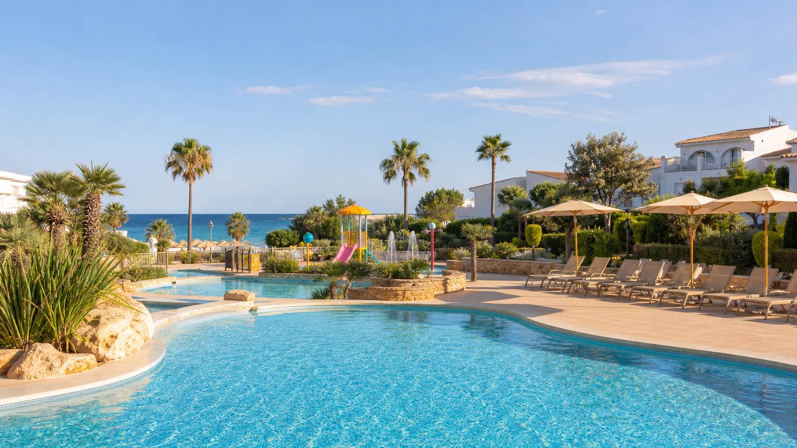 KI-Stimmungsbild für Hipotels Mediterráneo Club mit familienfreundlicher Poollandschaft, Splashbereich und Mittelmeer bei Sa Coma