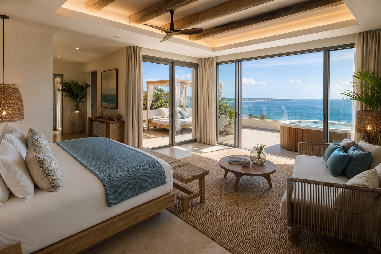 KI-Visualisierung für Hipotels Mediterráneo mit 60 Quadratmeter großer Penthouse-Suite, Sonnenterrasse, Whirlpool und Meerblick