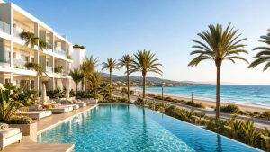 KI-Visualisierung für Hipotels Mediterráneo mit Pool, Palmengarten und direktem Blick auf den Strand von Sa Coma