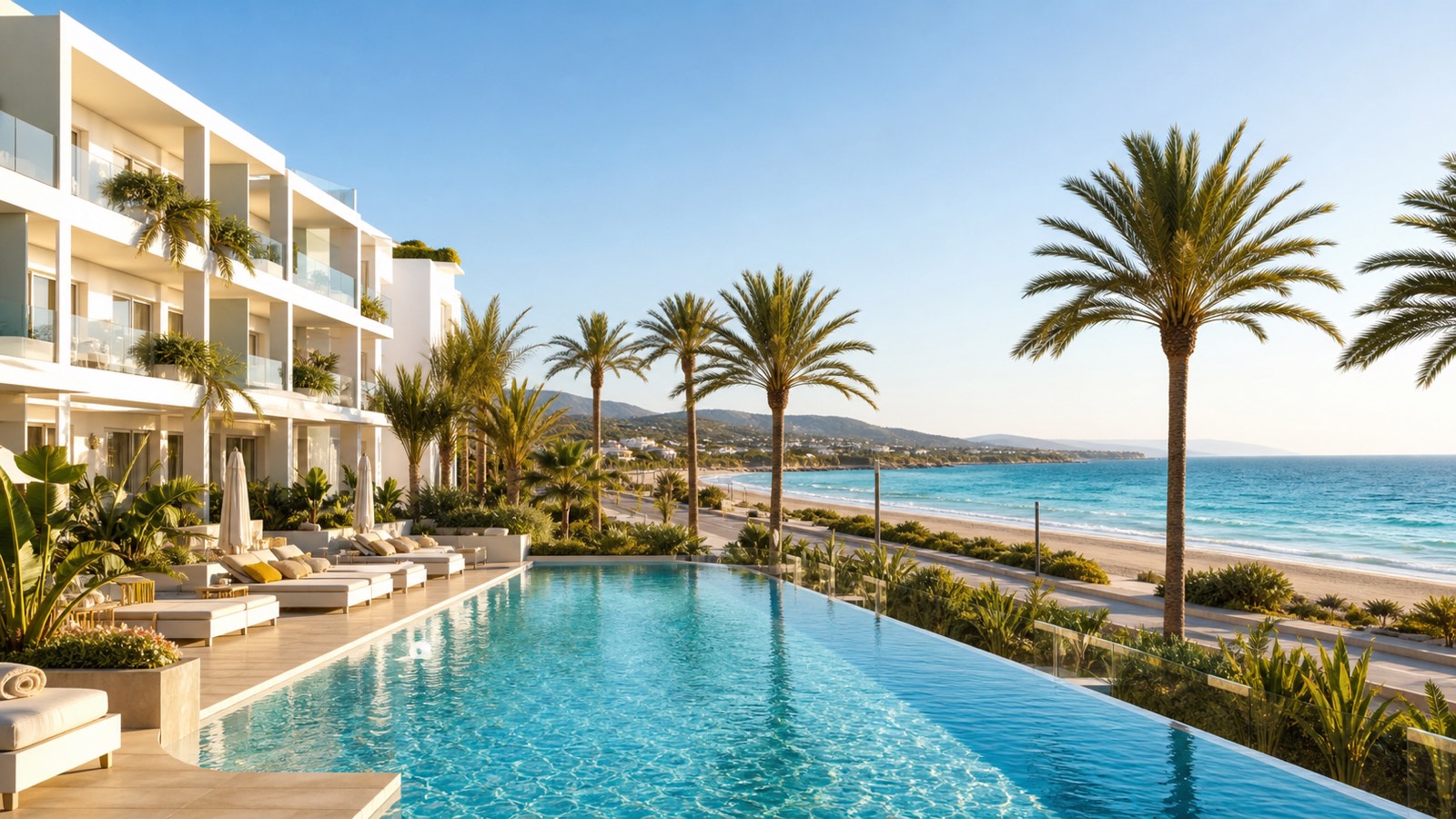 KI-Visualisierung für Hipotels Mediterráneo mit Pool, Palmengarten und direktem Blick auf den Strand von Sa Coma