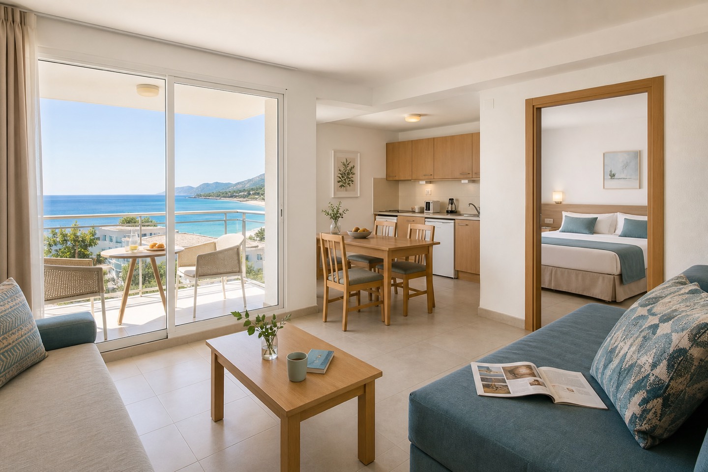 KI-generiertes Stimmungsbild eines geräumigen Apartments mit Küche, Balkon und Meerblick für den Hipotels Mercedes Hotelcheck