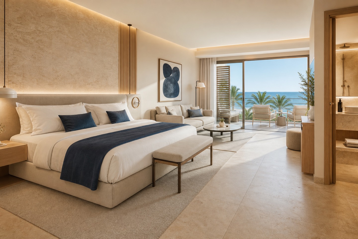 KI-Visualisierung für Hipotels Playa de Palma Palace mit 42 Quadratmeter großer Junior Suite, Balkon und Meerblick