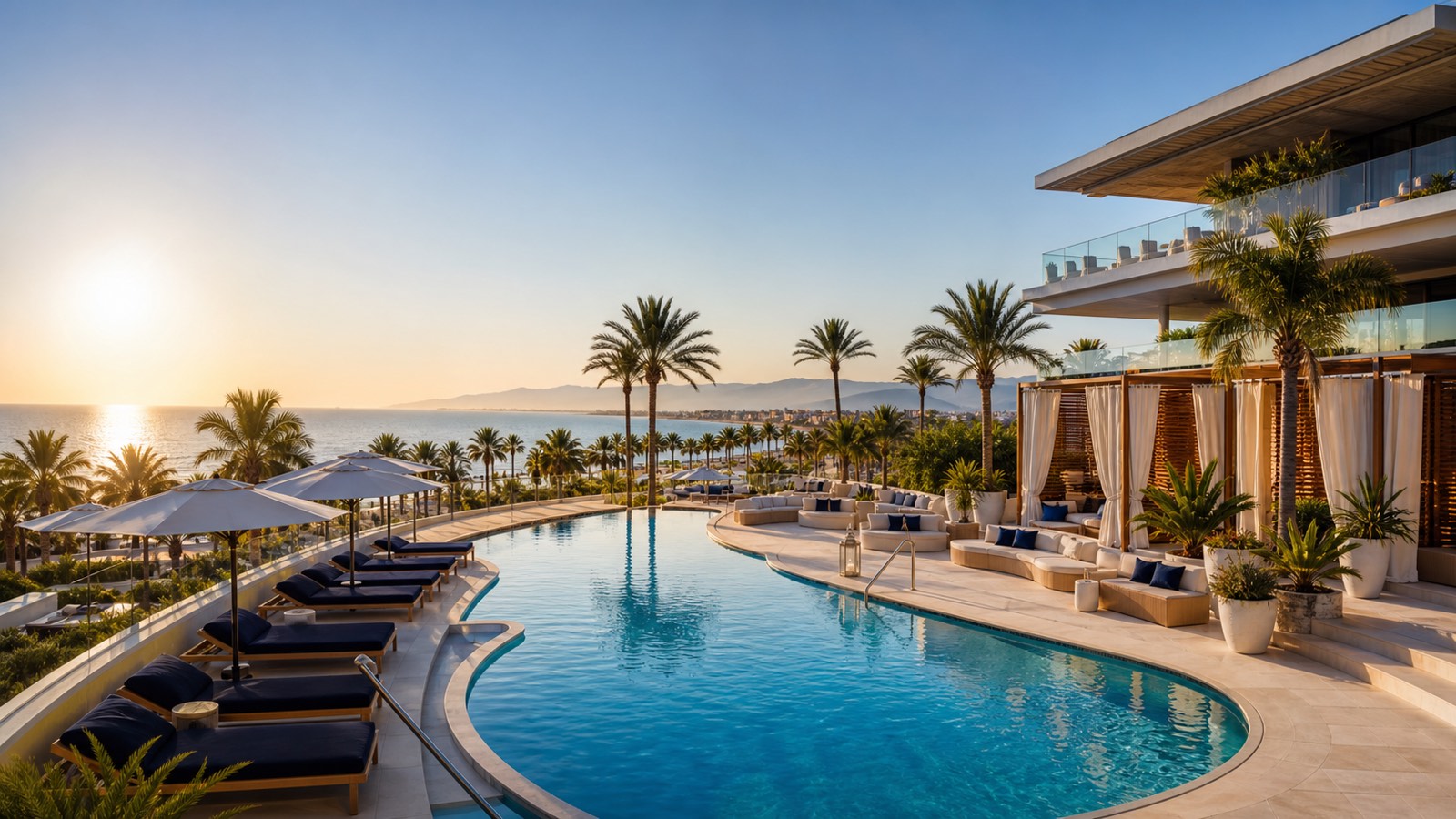 KI-Visualisierung für Hipotels Playa de Palma Palace mit luxuriösem Pool, Rooftop und Blick Richtung Bucht von Palma