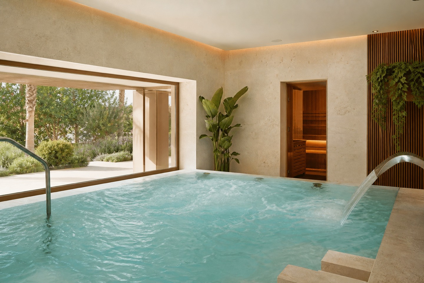 KI-generiertes Stimmungsbild eines Innenpools mit Hydromassage und Sauna für den Hipotels Said Hotelcheck