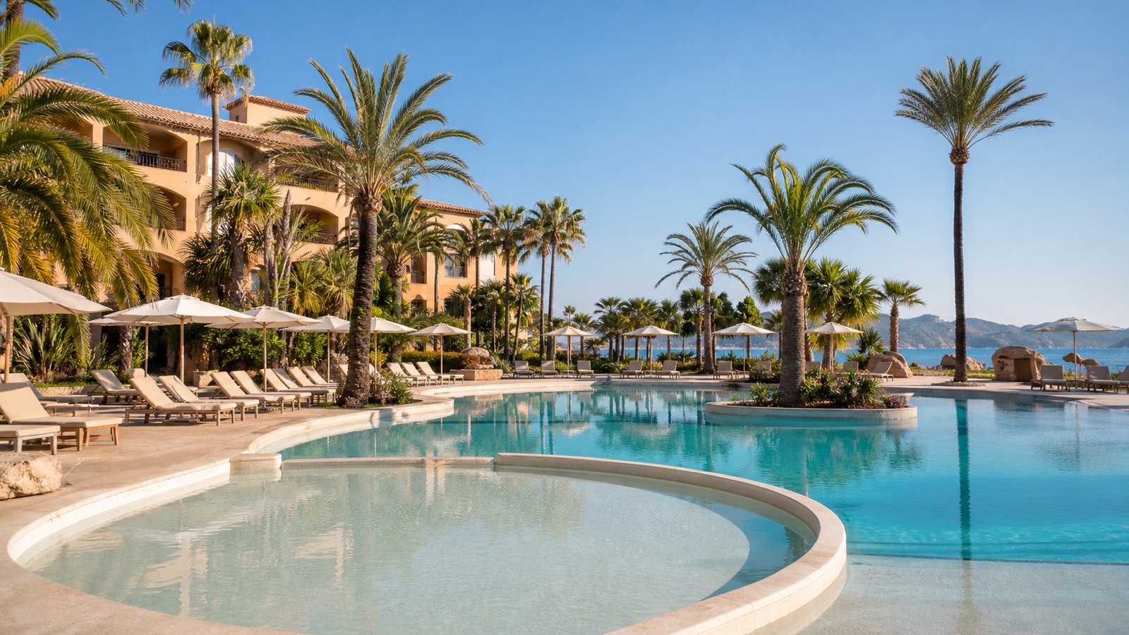 KI-generiertes Stimmungsbild einer palmengesäumten Poolanlage mit Kinderbereich für den Hipotels Said Hotelcheck in Cala Millor