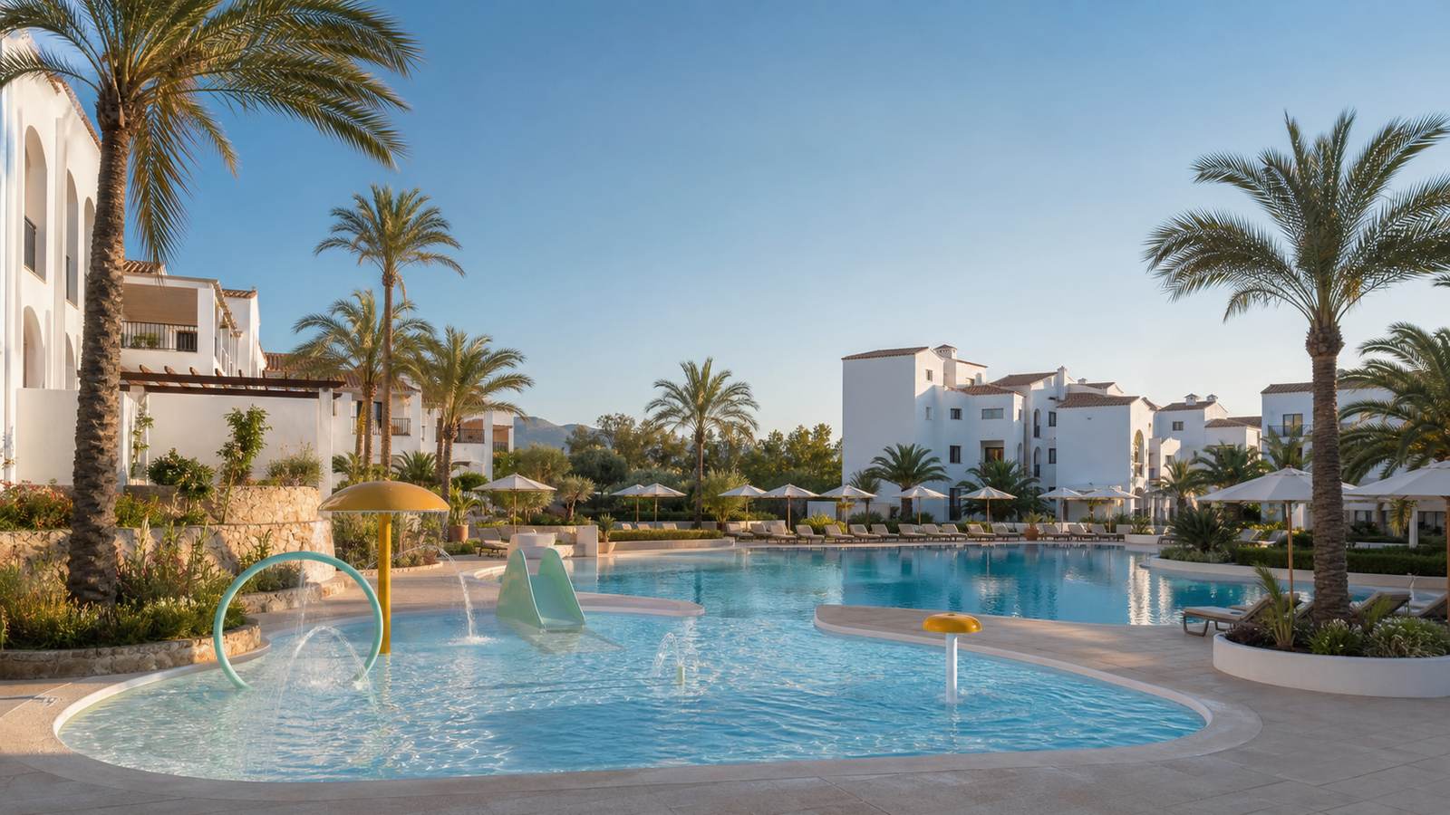 KI-generiertes Mallorca-Stimmungsbild eines mediterranen Hotel-Außenbereichs für den Hotelcheck des HOBBY CLUB in Port De Pollença