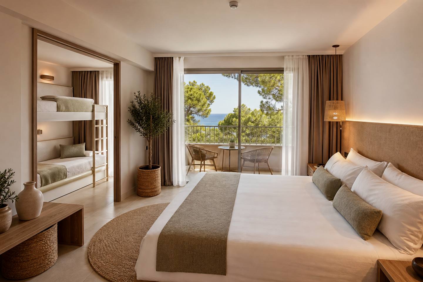 KI-generiertes redaktionelles Stimmungsbild eines mediterranen Hotelzimmers für den Hotelcheck des HOBBY CLUB in Port De Pollença