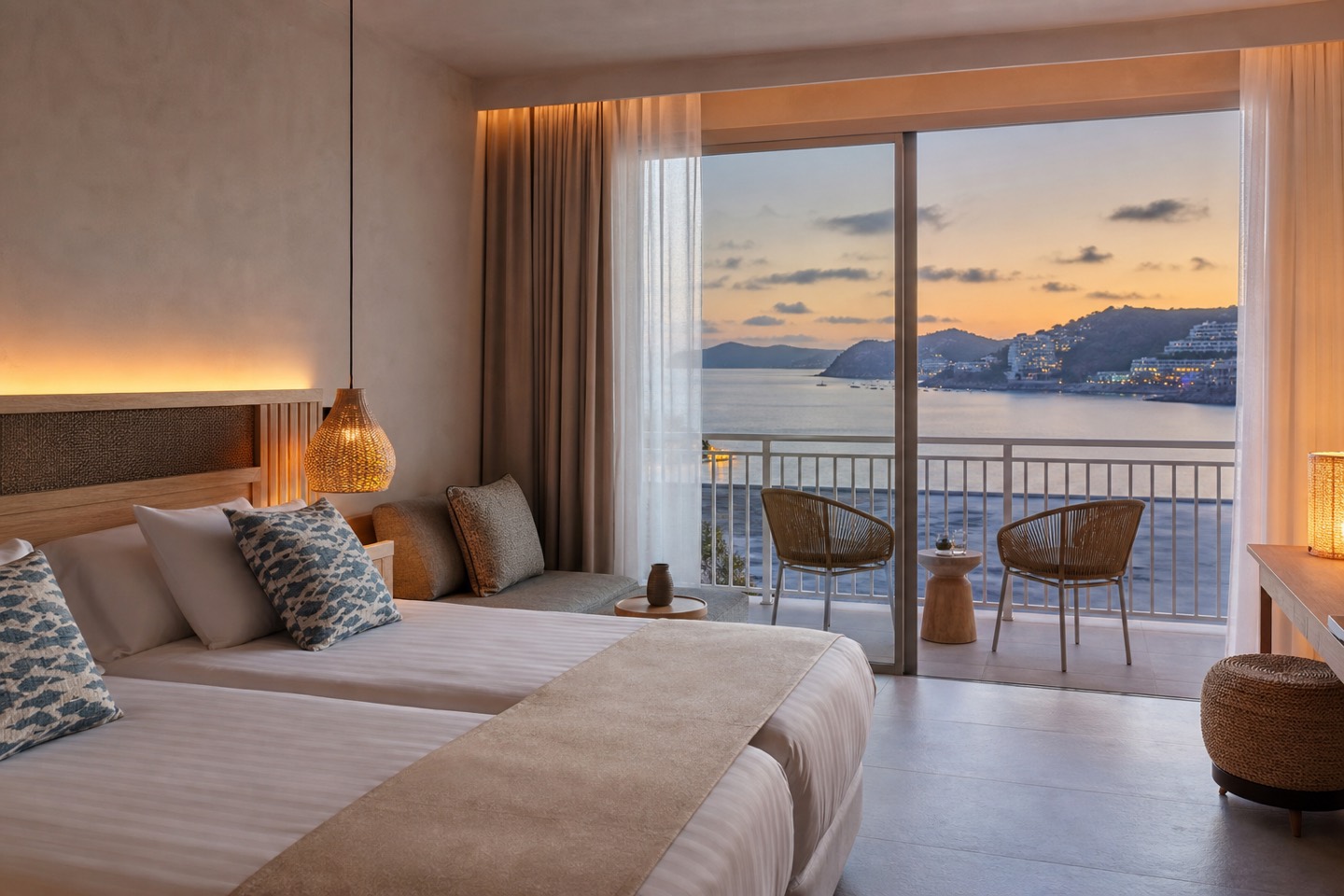 KI-Stimmungsbild für das Hotel Florida Magaluf mit modernem Meerblickzimmer für zwei Erwachsene und Balkon über der Bucht