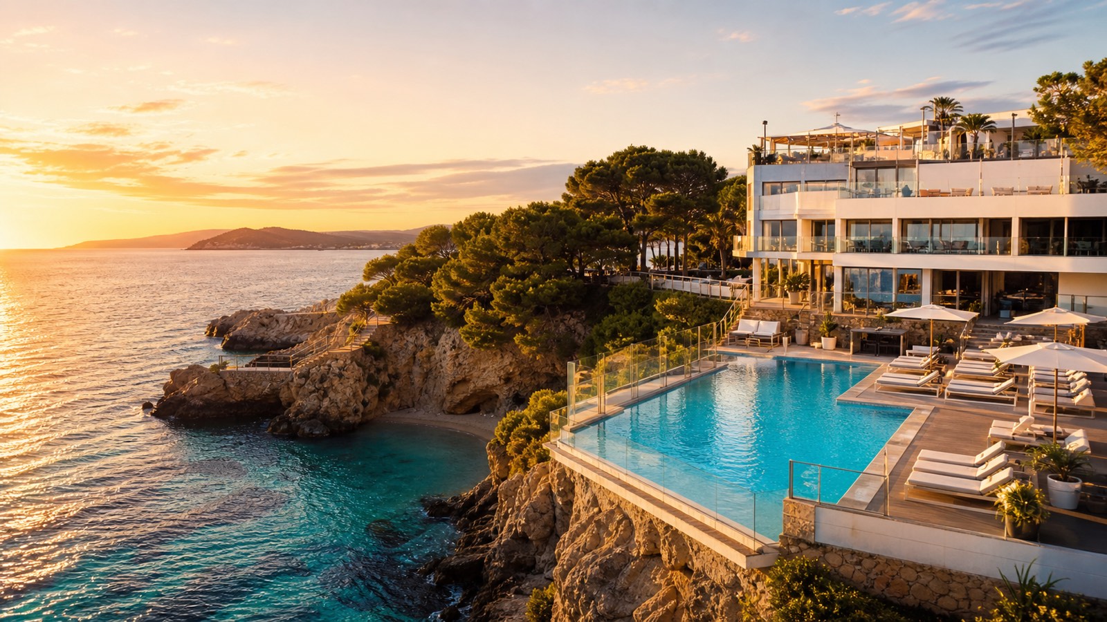 KI-Stimmungsbild für das Hotel Florida Magaluf mit Außenpool auf einer felsigen Landzunge, kleiner Badebucht und Abendsonne