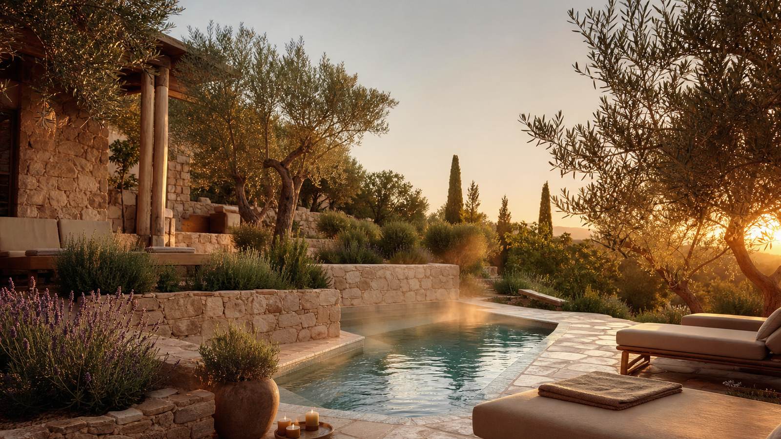 KI-generiertes Mallorca-Stimmungsbild eines mediterranen Hotel-Außenbereichs für den Hotelcheck des Hotel Nautic & SPA in Can Pastilla
