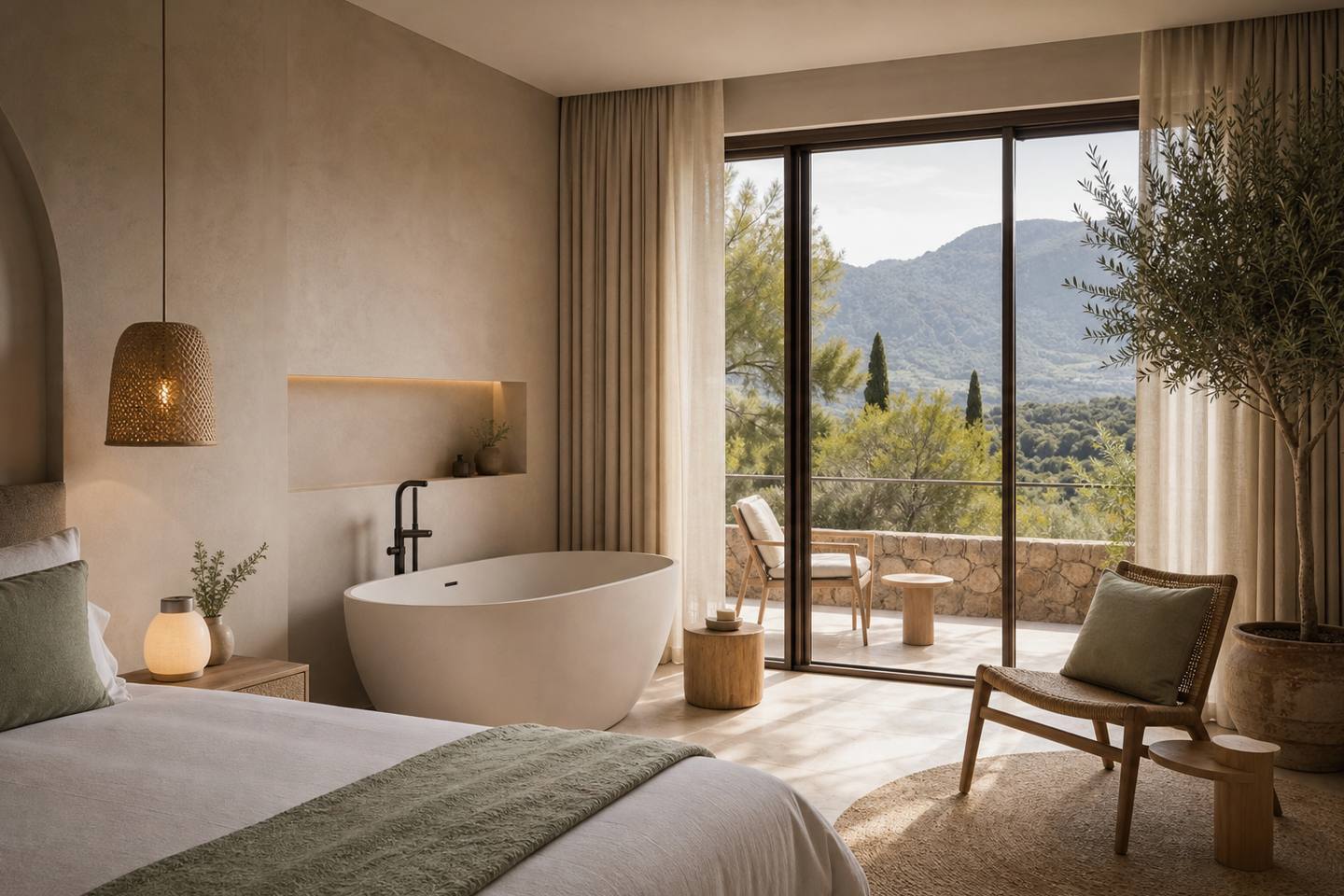 KI-generiertes redaktionelles Stimmungsbild eines mediterranen Hotelzimmers für den Hotelcheck des Hotel Nautic & SPA in Can Pastilla
