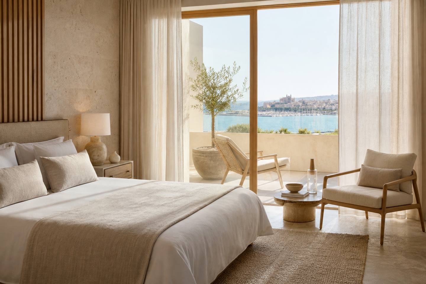 KI-generiertes redaktionelles Stimmungsbild eines mediterranen Hotelzimmers für den Hotelcheck des HOTEL NOBIS PALMA in Palma