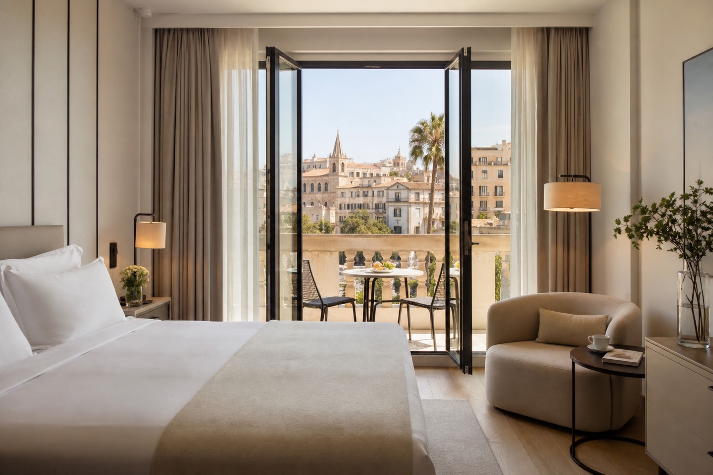 KI-generiertes Stimmungsbild für Hotel Saratoga mit modernem Doppelzimmer, Balkon und Blick über Palma