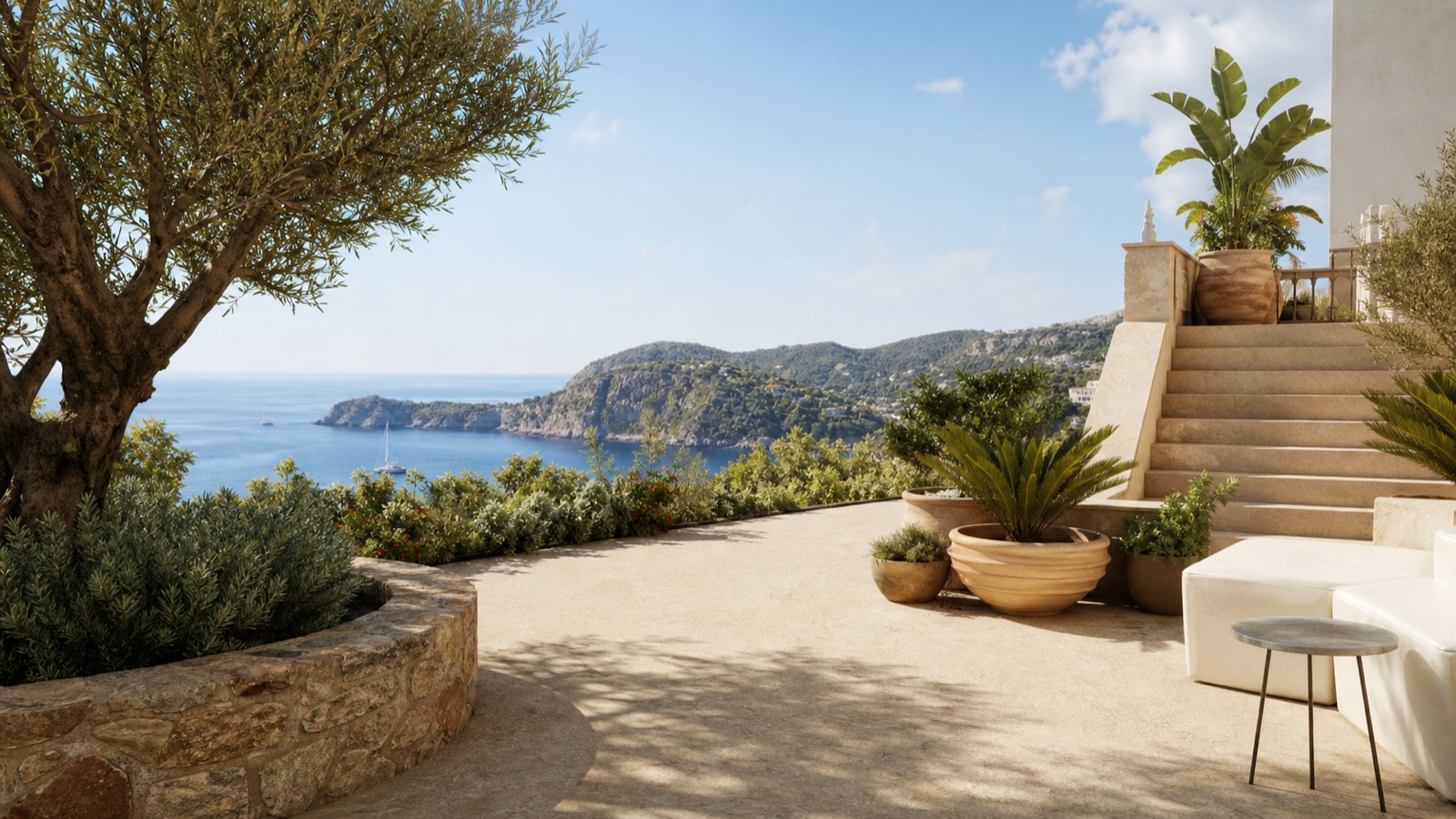 KI-generiertes Mallorca-Stimmungsbild eines mediterranen Hotel-Außenbereichs für den Hotelcheck des Hotel Vibra Beverly Playa in Peguera