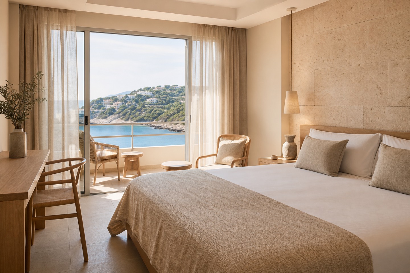 KI-generiertes redaktionelles Stimmungsbild eines mediterranen Hotelzimmers für den Hotelcheck des Hotel Vibra Beverly Playa in Peguera