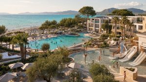 KI-Visualisierung für Iberostar Selection Albufera Park mit Pools, Wasserrutschen und direkter Strandlage