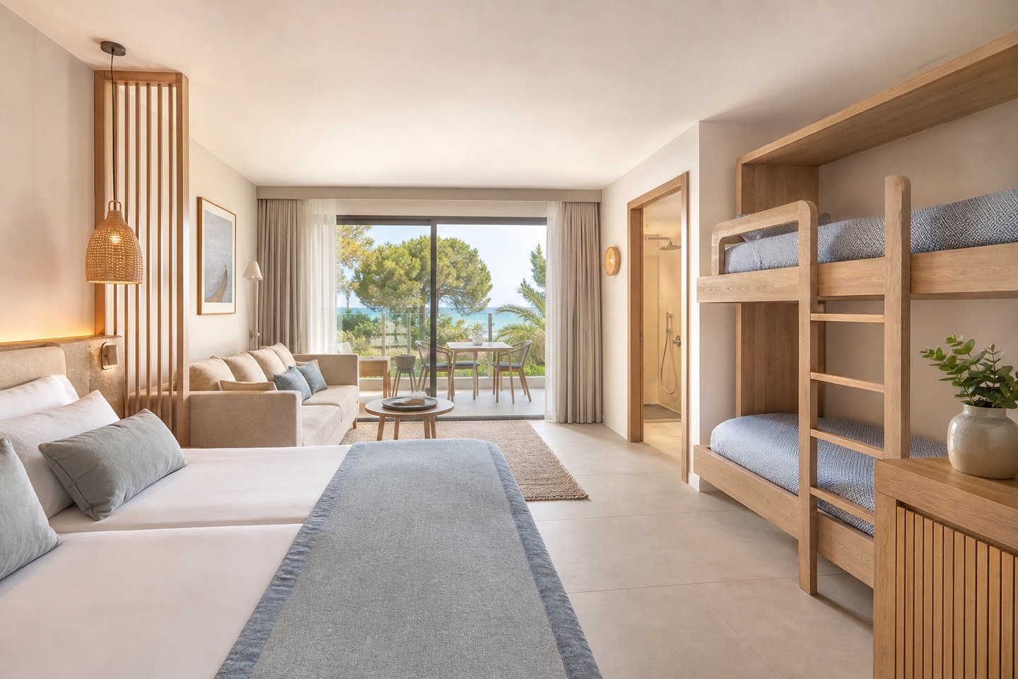 KI-Visualisierung für Iberostar Selection Albufera Park mit Premium-Familienzimmer und seitlichem Meerblick