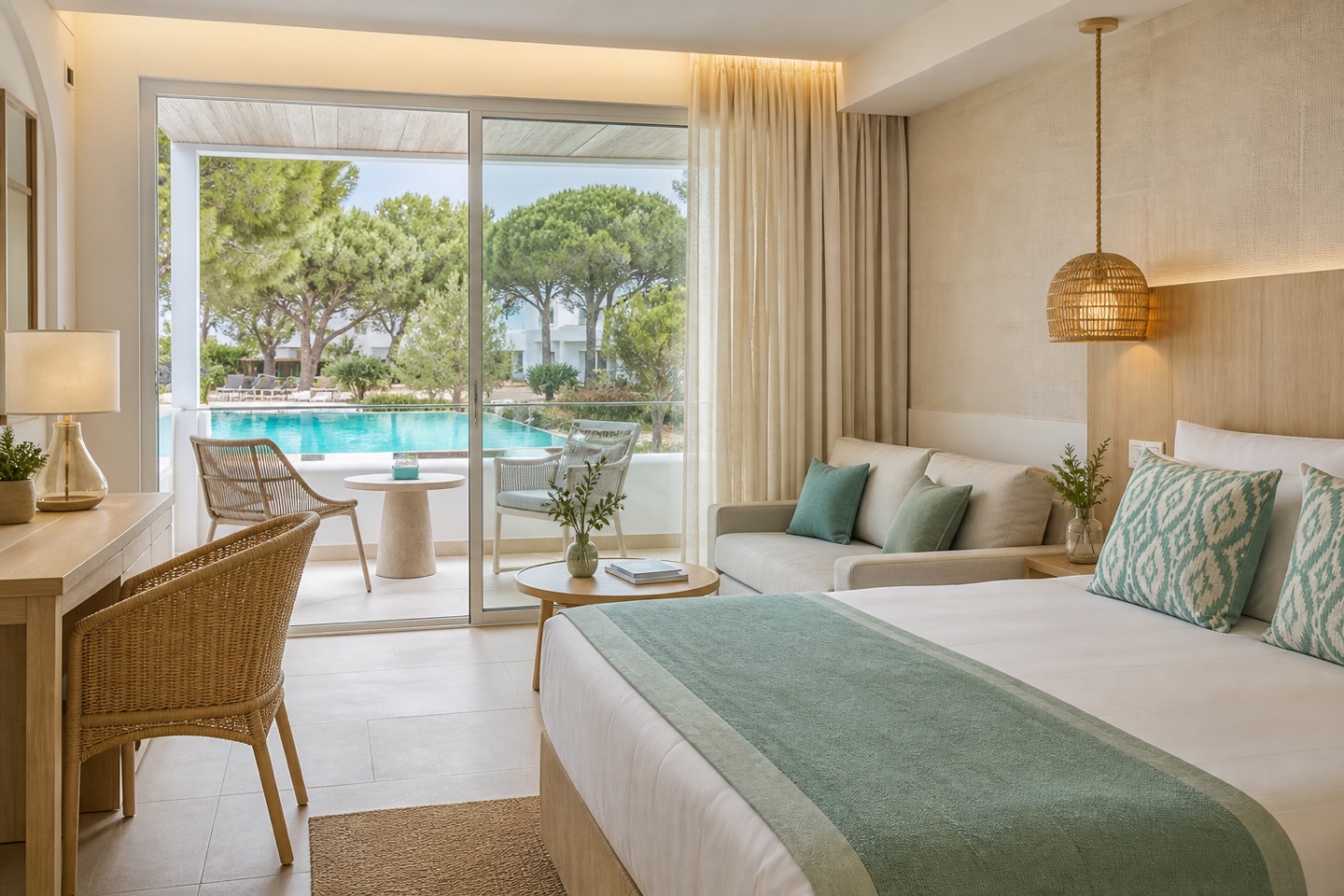 KI-Stimmungsbild für Iberostar Selection Albufera Playa mit moderner Suite, Balkon und Poolblick zwischen Pinien