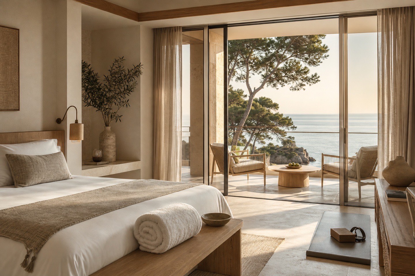 KI-generierte helle Hotelsuite mit Terrasse und Meerblick auf Mallorca