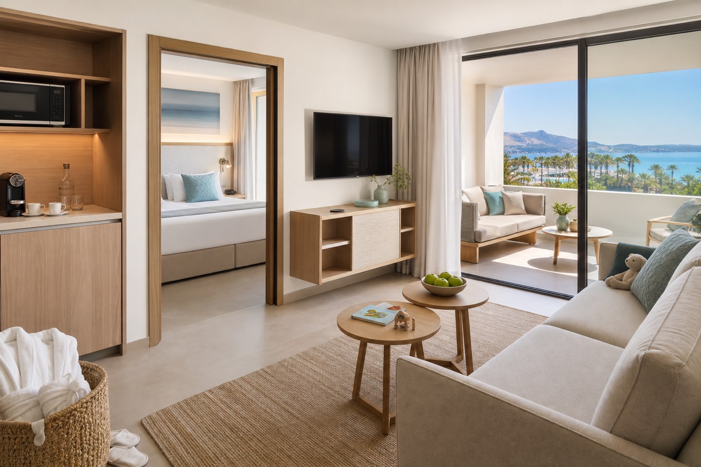 KI-generierte elegante Familiensuite mit Wohnbereich, Terrasse und Blick auf die Bucht