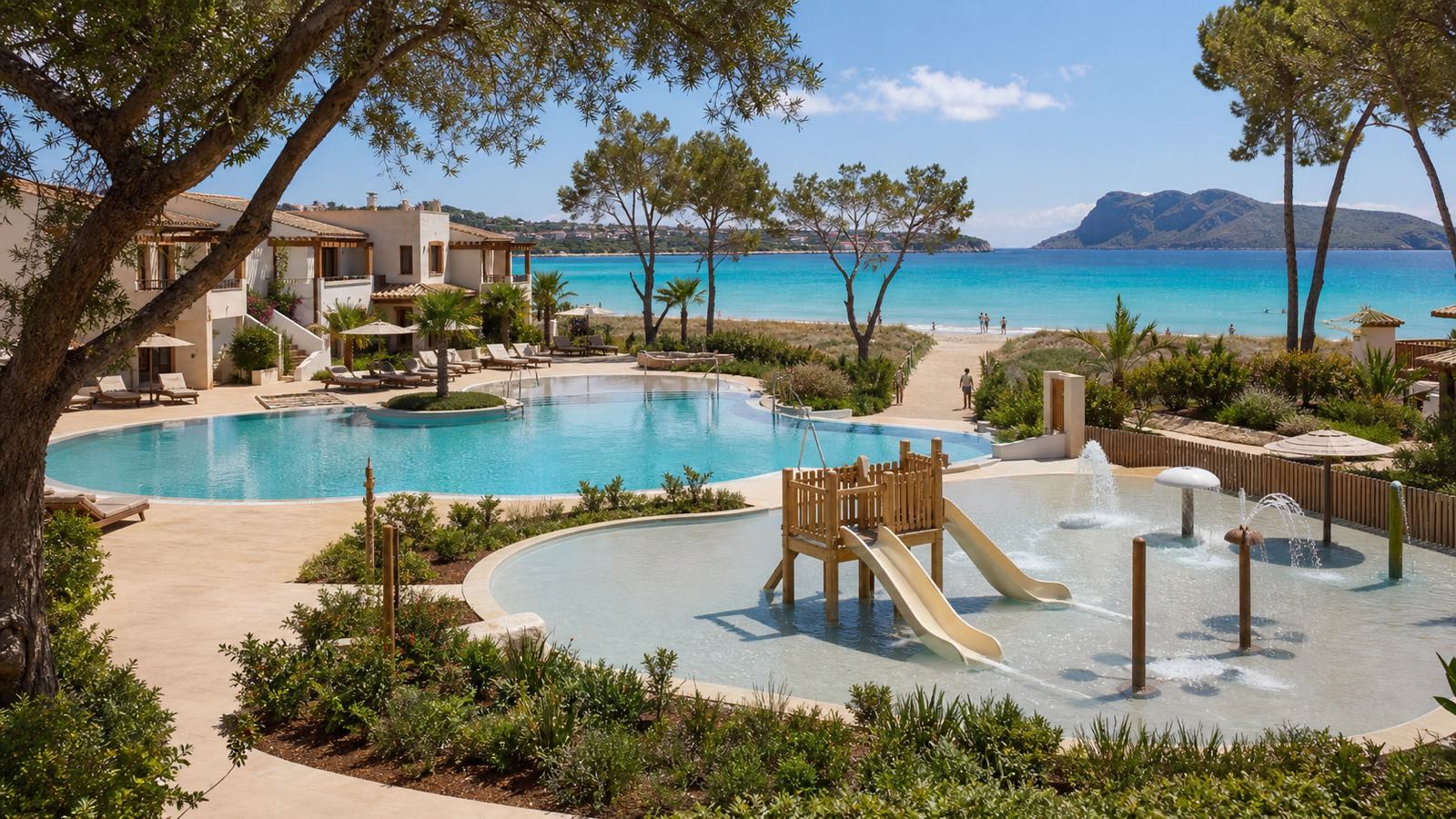 KI-generierter Pool und Kinder-Wasserbereich mit direktem Zugang zur Playa de Muro