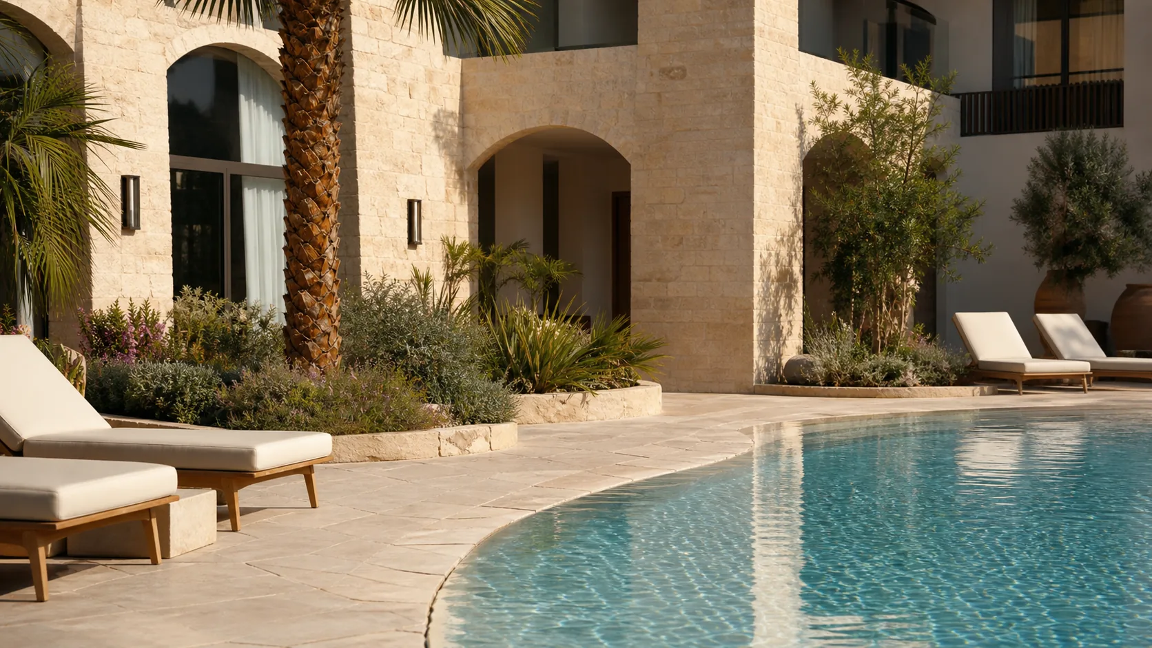 KI-generiertes Stimmungsbild einer eleganten Poolanlage auf Mallorca