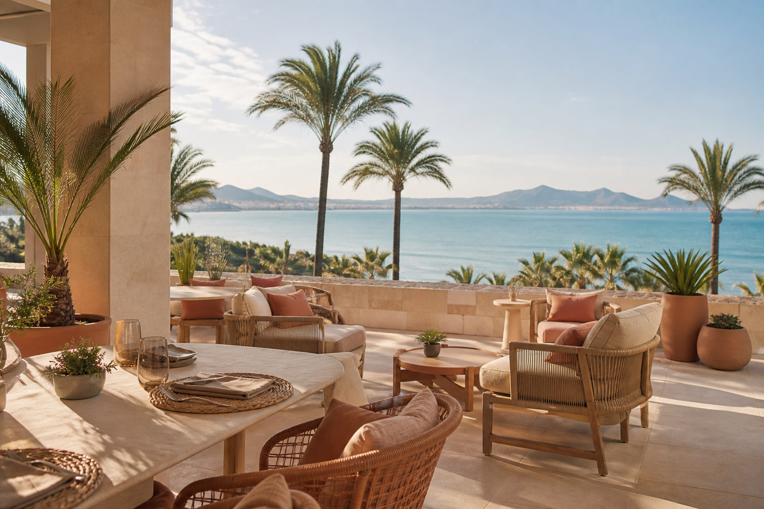 KI-generierte mediterrane Hotelterrasse mit Meerblick auf Mallorca