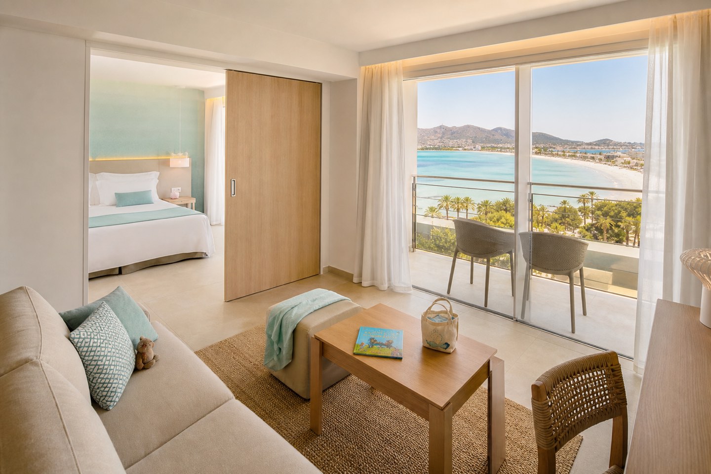KI-generiertes Familienzimmer mit Wohnbereich, Balkon und Blick auf die Bucht von Alcúdia